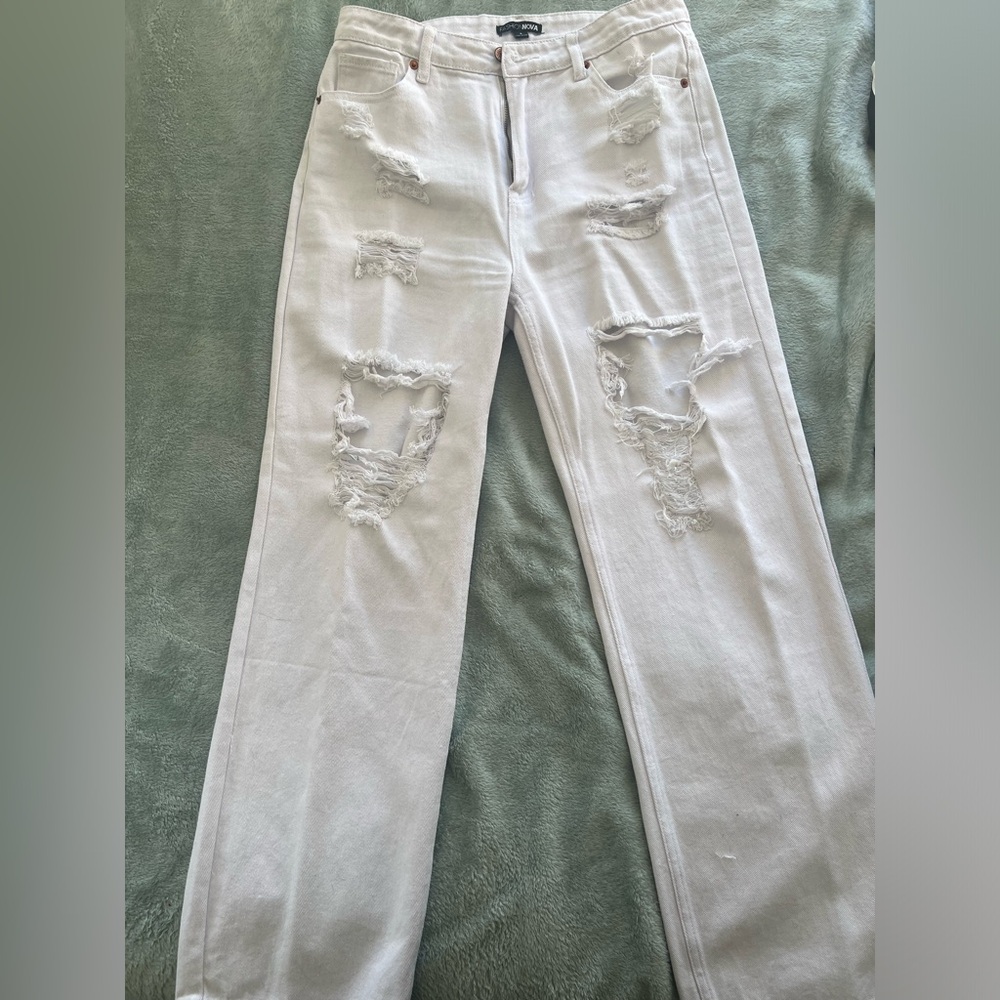 White Ripped Straight Leg Jeans